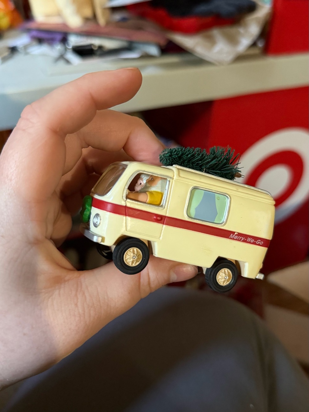 Vintage hallmark Merry-We-Go Cream Holiday Camper Van Ornament with Red Stripe